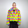 Rainbow faux fur skirt crop striped shorts festival zigzag skater skirt furry set carnival costume party pants psycho wide rave gown pink