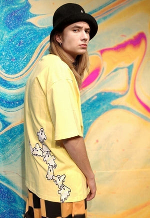 Ghost patch t-shirt flock Casper cartoon mesh tee in yellow