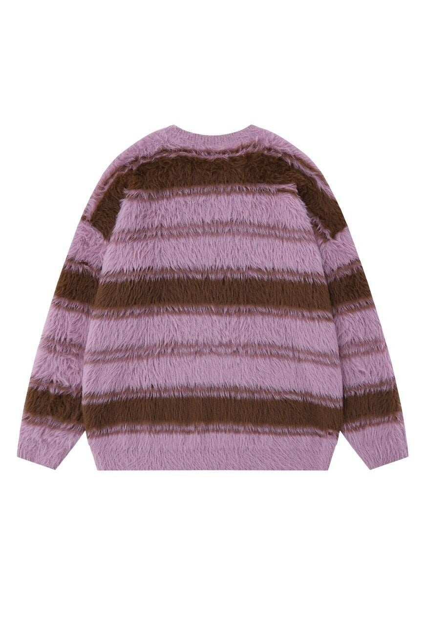 Striped sweater fluffy knitted jumper soft fleece in pink