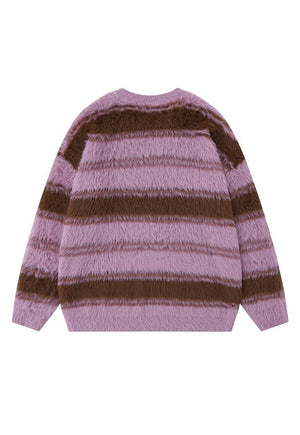 Striped sweater fluffy knitted jumper soft fleece in pink