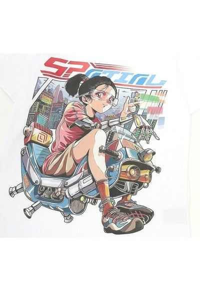 Anime girl t-shirt Manga tee Japanese retro top in white