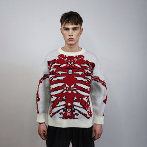 Skeleton sweater knitted bones jumper rib cage knitwear top grunge sweatshirt knit punk rocker pullover in cream red