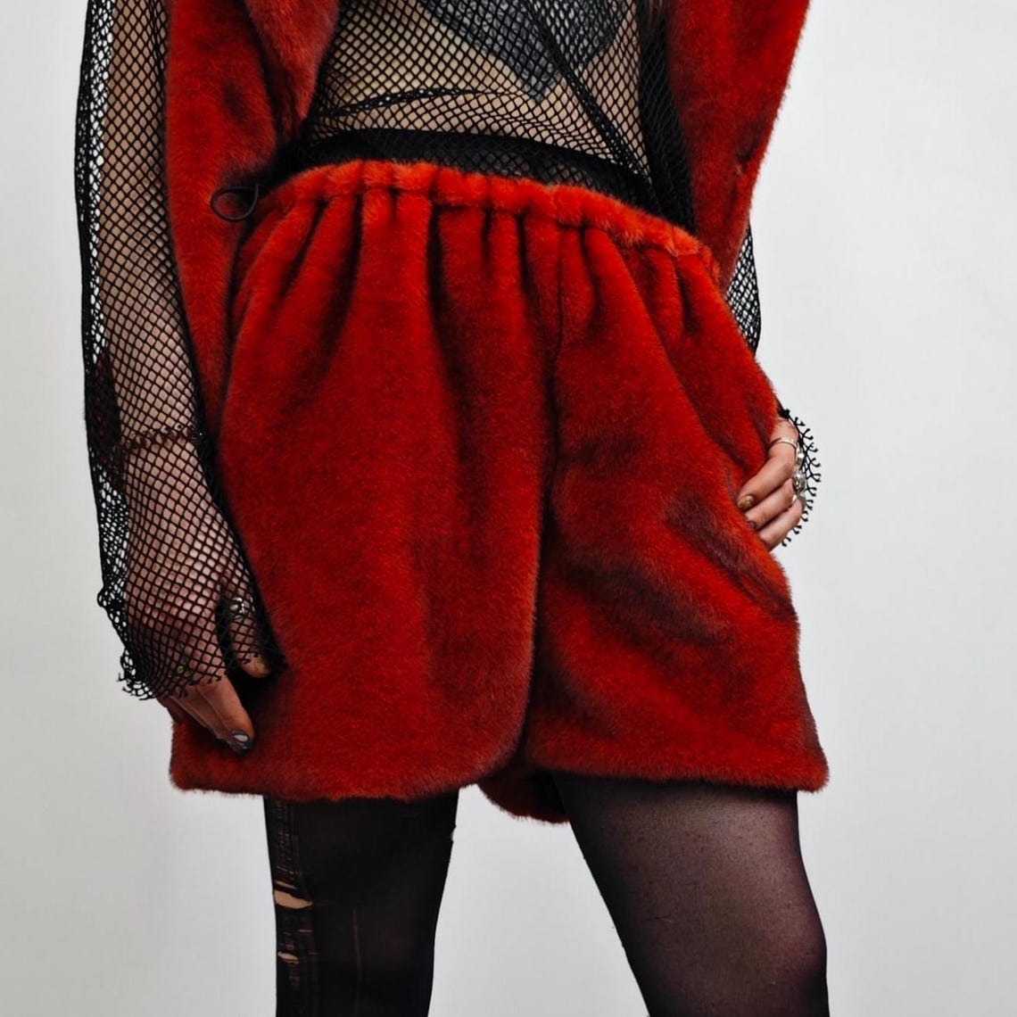 Red faux fur shorts going out party hotpants handmade cropped luxury trousers exclusive joggers festival fleece set