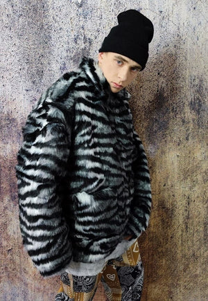 Faux fur stripe jacket retro fluffy fleece zebra bomber grey