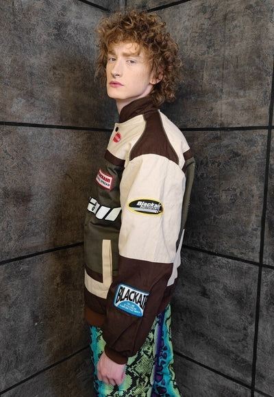 Motorcycle jacket multi patch padded Racing bomber in brown