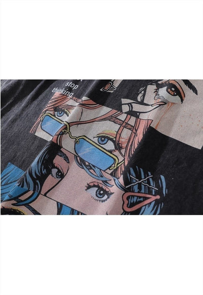 Anime t-shirt vintage wash smoking print long tee grunge top