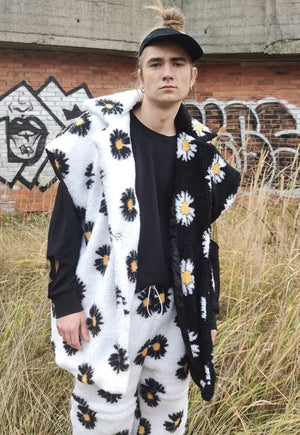 Floral fleece jacket handmade daisy trench coat white black