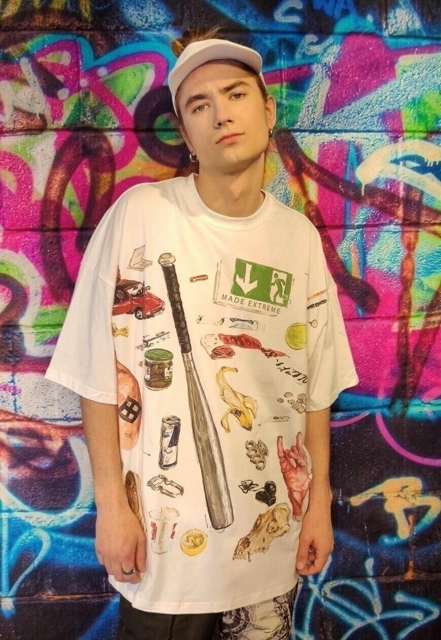 Baseball bat print tee graffiti skater t-shirt in white