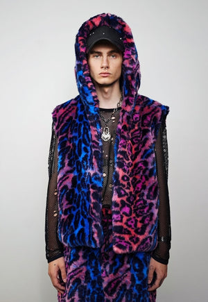 Neon leopard hooded jacket blue cropped animal print bomber