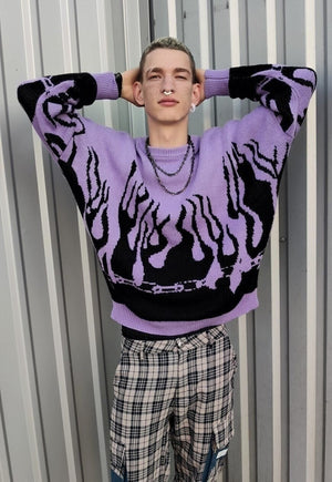 Flame knitted sweater purple fire box fit knitwear jumper