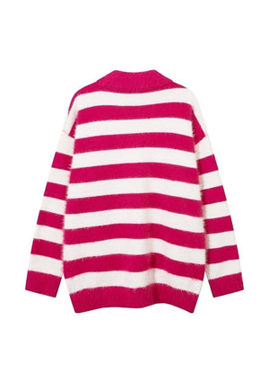 Knitted polo shirt long sleeve striped jumper fluffy top