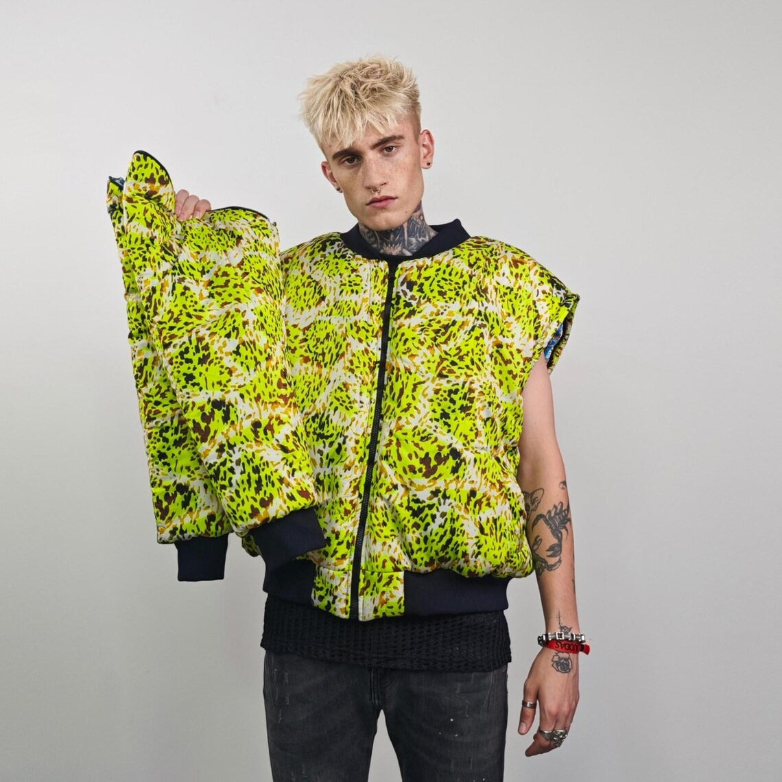Neon leopard bomber animal print jacket fluorescent reversible college varsity detachable sleeves handmade rave puffer cyber festival coat