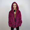 Hooded faux fur leopard jacket animal print bomber bright raver coat fluffy cheetah fleece festival puffer neon burning man overcoat in pink