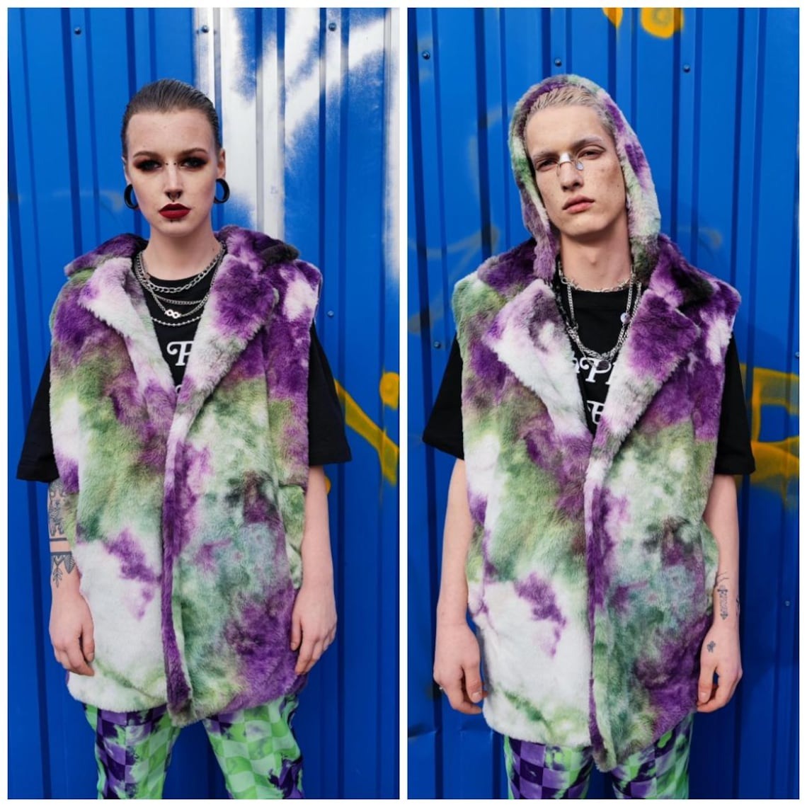 Tie-dye fleece coat green purple faux fur gradient trench grunge overcoat detachable handmade rave puffer festival bomber Coachella jacket