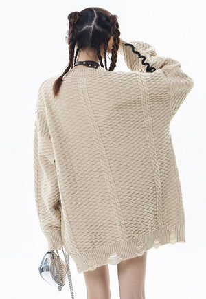 Cable sweater distressed jumper retro textured top in cream