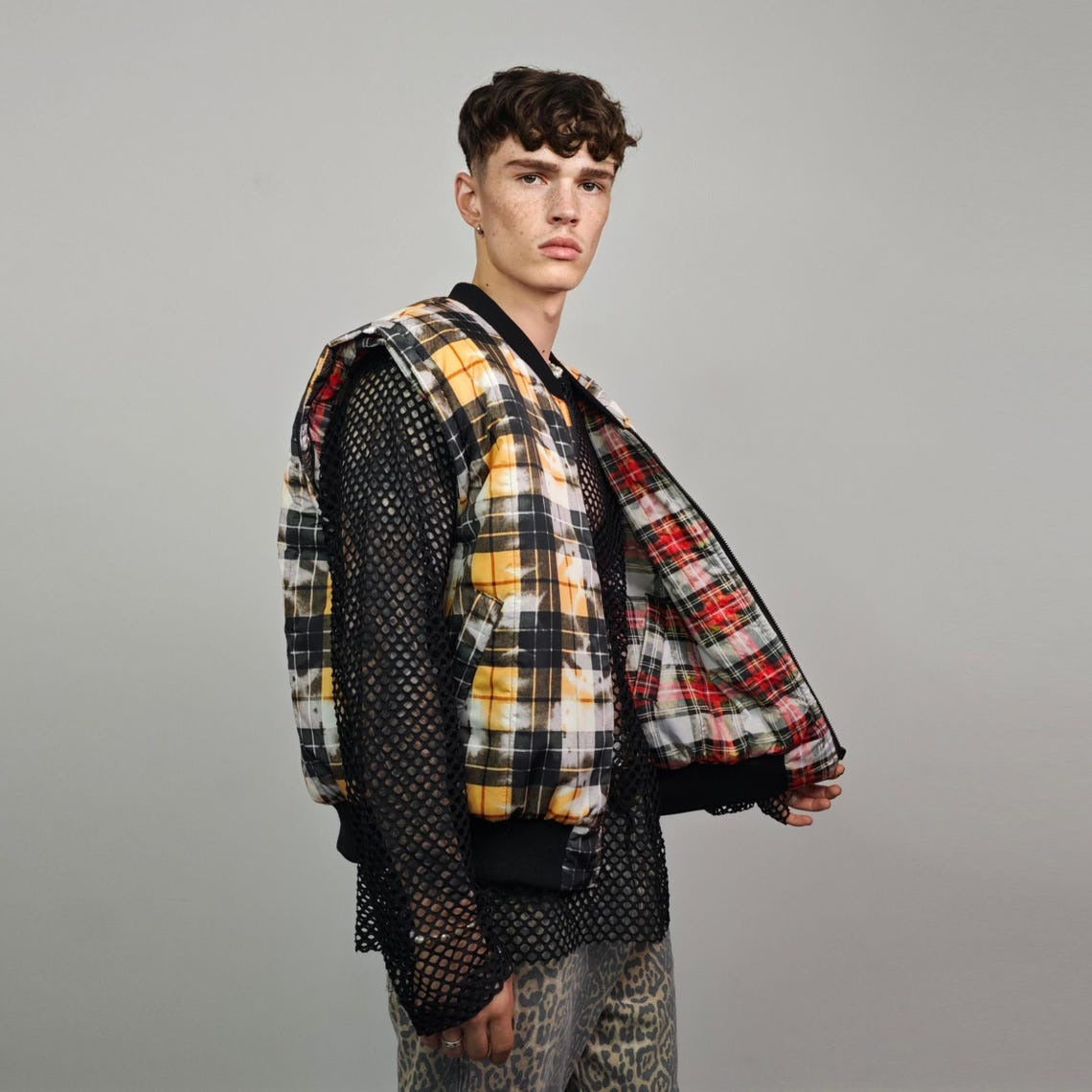 Tie-dye check bomber yellow tartan jacket raver reversible college varsity detachable sleeves handmade plaid puffer grunge punk rocker coat
