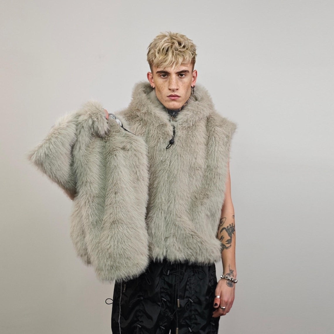 Gray faux fur jacket shaggy cropped bomber short going out coat fuzzy grunge detachable sleeves handmade luxury festival overcoat fleece