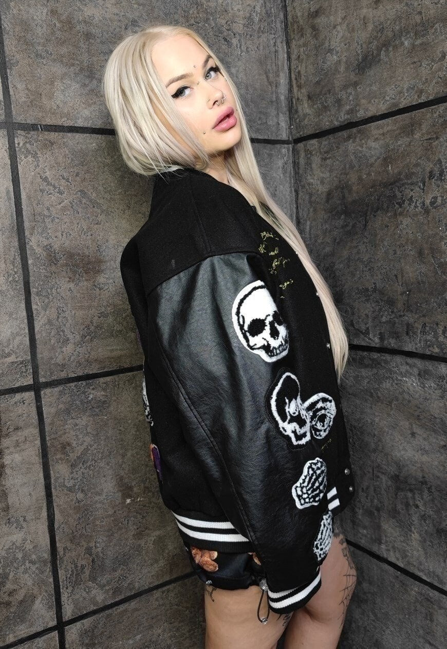 Bones varsity jacket faux leather skeleton baseball bomber