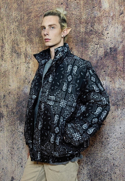 Paisley bomber jacket bandanna puffer cashew coat in black