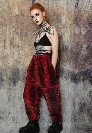 Snake fur joggers handmade luxury python fleece pants in red