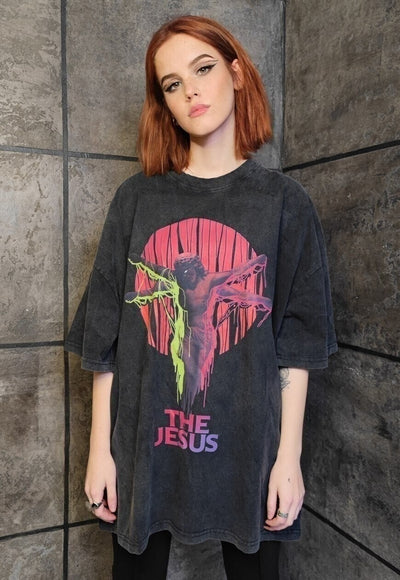 Jesus print t-shirt Gothic vintage wash grunge tee in grey