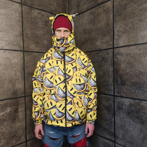 Emoji bomber handmade detachable smile print puffer reversible raver jacket grunge devil horn coat two sided jacket in yellow