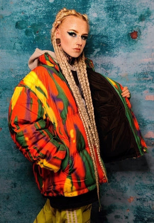 Tie-dye corduroy bomber space puffer flame jacket in orange