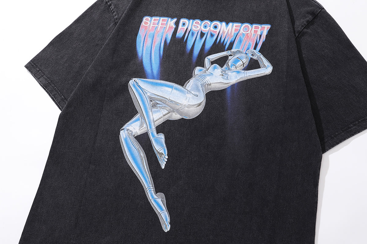 Cyberpunk t-shirt robot print tee psychedelic machine print top in vintage grey