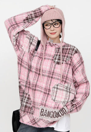 Check fluffy sweater pink punk jumper plaid fuzzy retro top