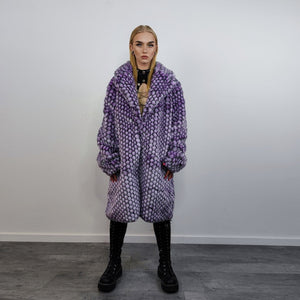 Checked faux fur longline coat geometric trench bright raver bomber fluffy winter fleece festival jacket neon burning man coat in purple