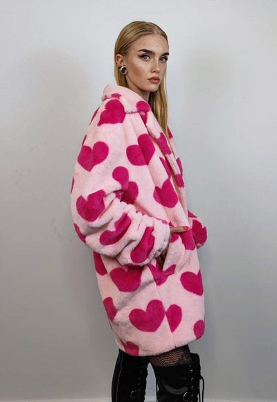 Heart fleece coat handmade faux fur love trench jacket pink