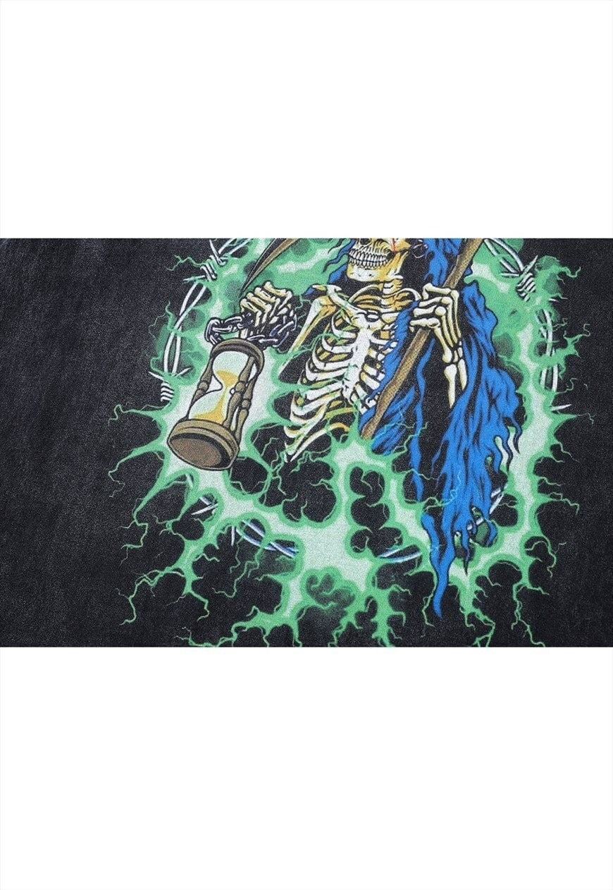 Grim reaper t-shirt vintage wash skeleton long tee in grey