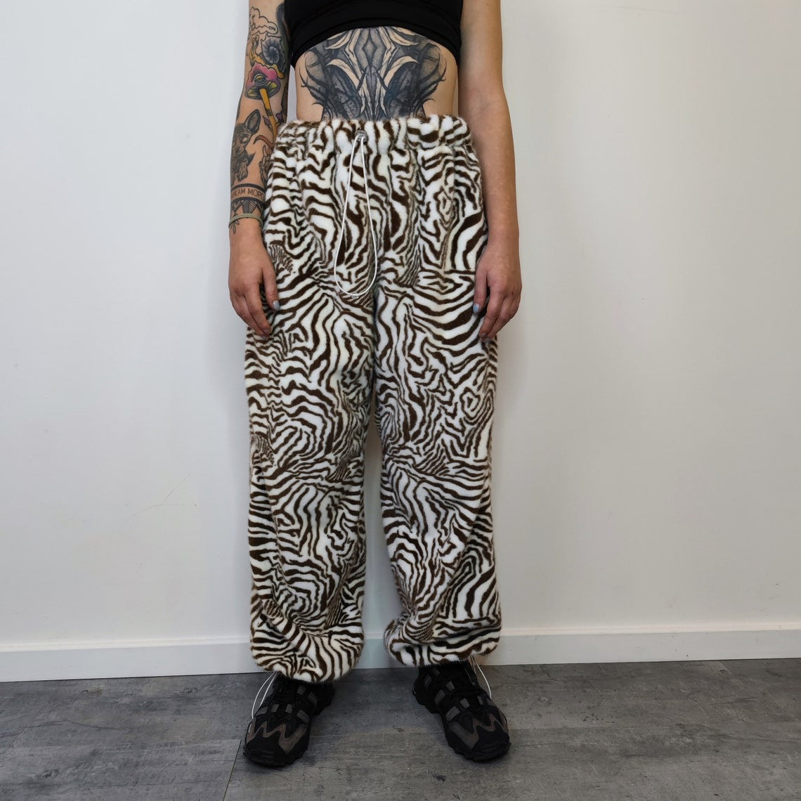 Faux fur zebra joggers animal print pants handmade stripe fleece raver trousers premium party overalls in zigzag festival pants brown white