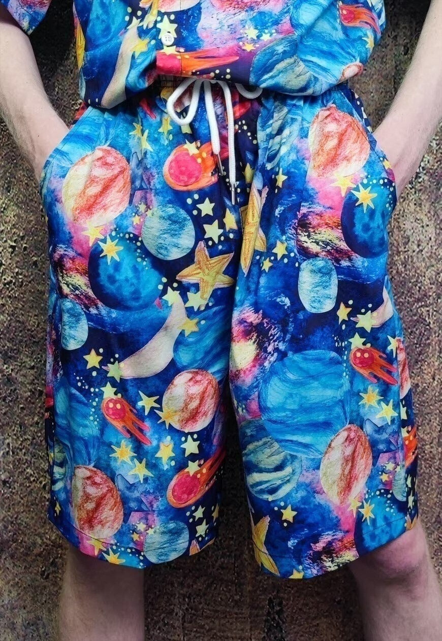 Space sports set night sky pattern shirt & shorts combo blue