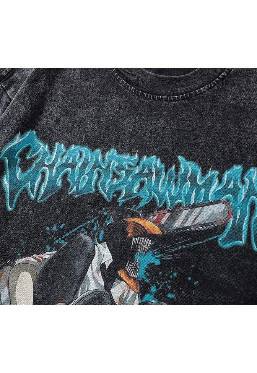 Chainsawman t-shirt anime tee grunge cartoon top in grey