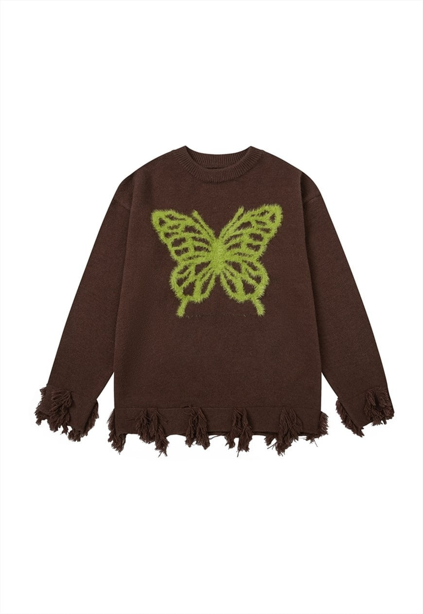 Ripped sweater brown butterfly jumper grunge knitted top