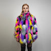 Patch faux fur jacket raised neck coat bright raver bomber fluffy rainbow fleece bright festival track jacket burning man overcoat pink grey