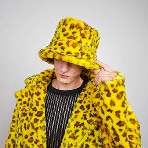 Yellow leopard bucket faux fur hat oversize animal print cap festival fisherman hat furry headwear jaguar headband lynx psychedelic rave cap