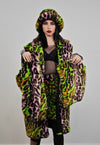 Leopard fauxfur coat green neon animal print festival trench