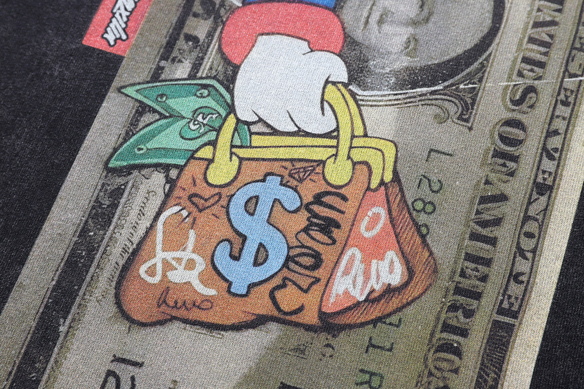 Greedy duck t-shirt money print tee classic cartoon top in vintage grey