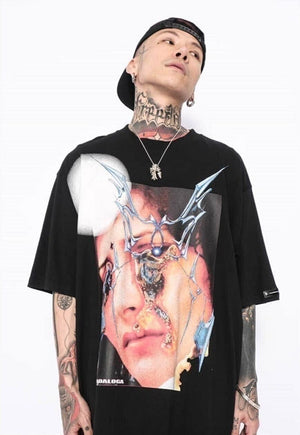 Raver face print t-shirt grunge graffiti tee anime top black