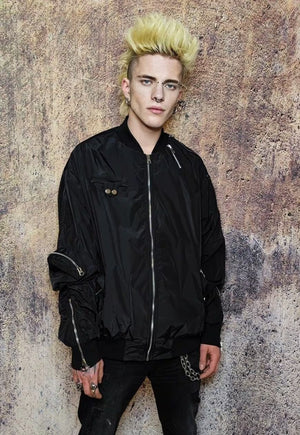 Gorpcore bomber utility jacket cargo pocket varsity in black