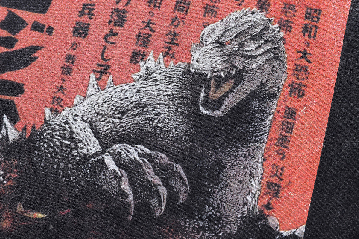 Godzilla print t-shirt monster anime tee retro Japanese top in vintage grey