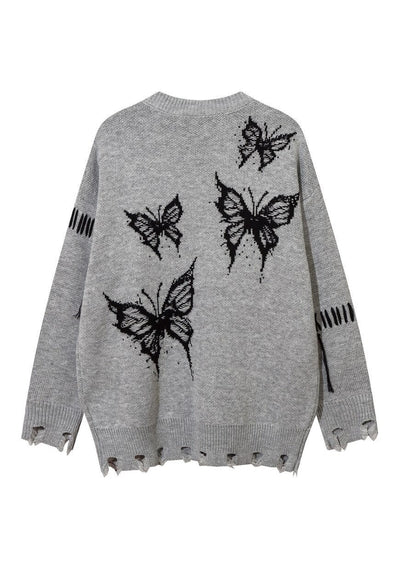 Distressed knitted jumper butterfly sweater ripped top grey