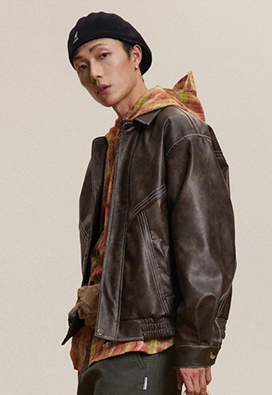 Retro racing jacket dark brown fauxleather PU aviator bomber