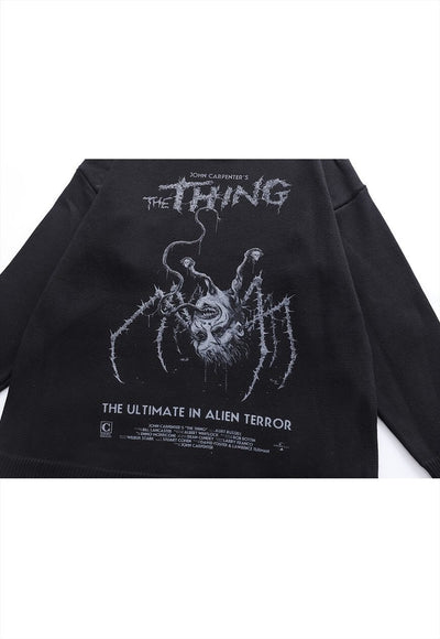 Spider sweater creepy knit distressed horror jumper in black