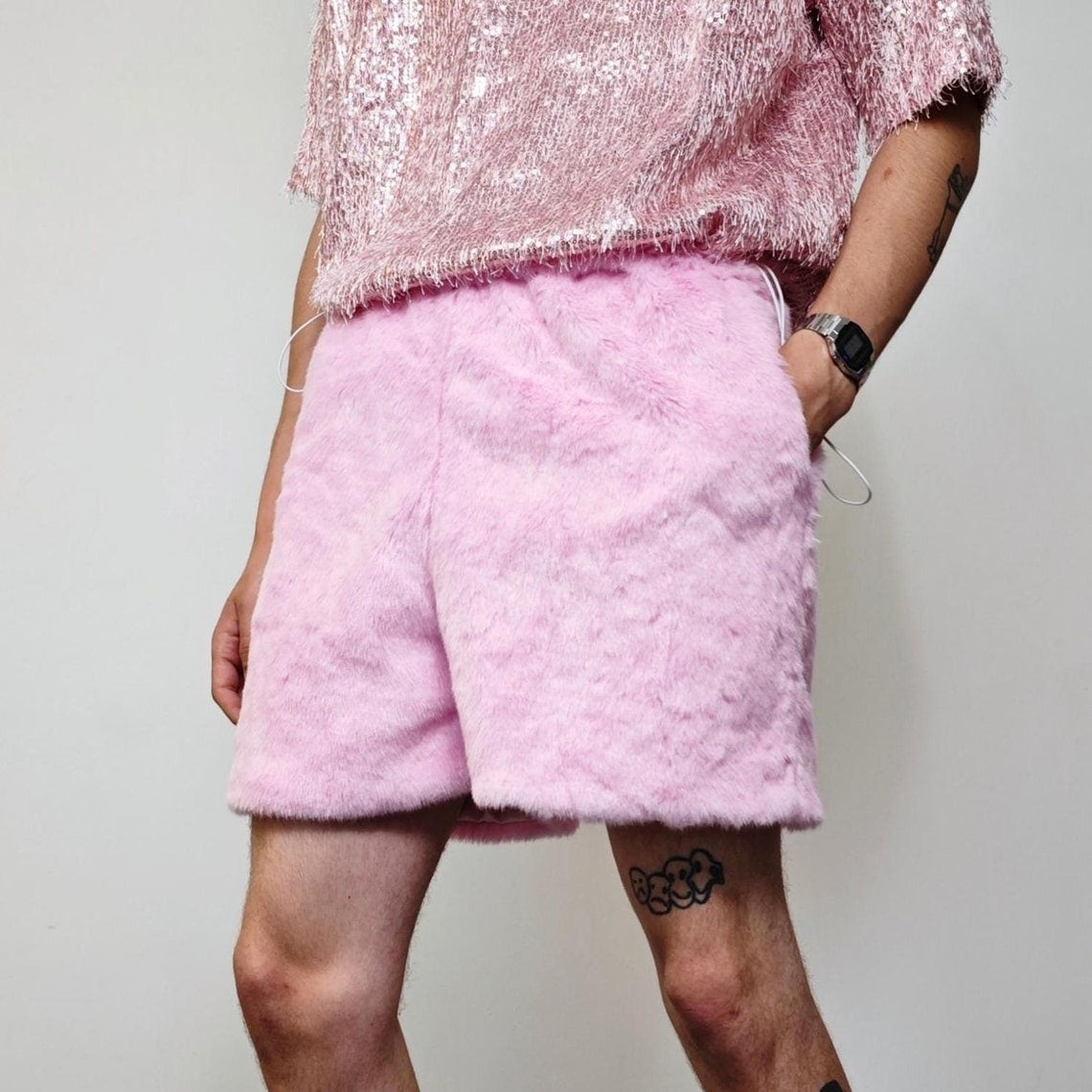 Faux fur shorts pastel pink fuzzy cropped pants hairy trousers handmade solid pattern party joggers fluffy skater festival set