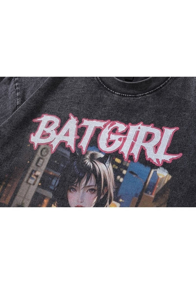 Anime t-shirt bat girl tee retro Japanese cartoon top grey