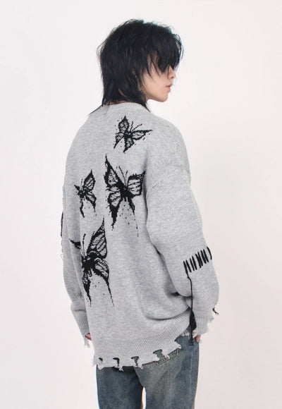 Distressed knitted jumper butterfly sweater ripped top grey