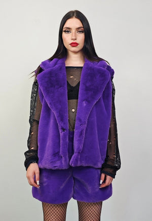 Short faux fur trench purple coat cropped fleece rave jacket